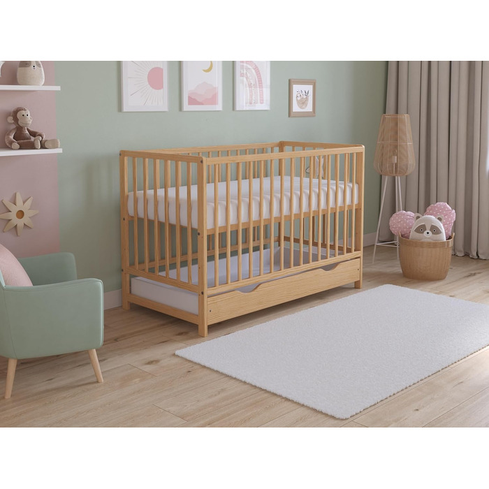 Дитяче ліжко Love For Sleep Asher 120x60 см з матрацом з стьобаної мікрофібри Дитяче ліжко, яке можна трансформувати в юніорське ліжко з великою шухлядою та захистом від падіння, натуральна сосна