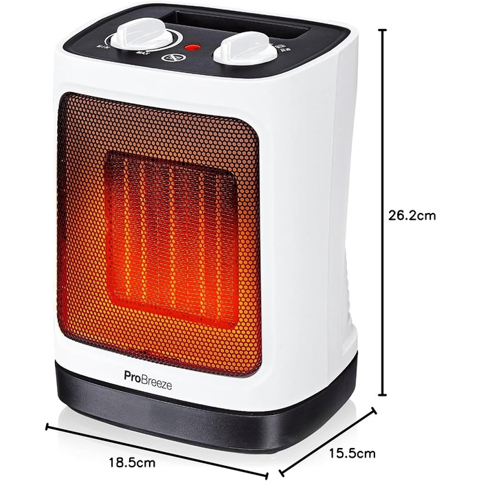 Міні-вентилятор Pro Breeze 2000 Вт з керамікою, енергозберігаючий з автоматичним коливанням, два рівні потужності, маленький тихий електричний обігрівач для вітальні, офісу, тераси - білий - 2000 Вт