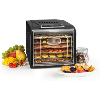 Дегідратор Klarstein, Дегідратор, Дегідратор для їжі, Металевий дегідратор, Сушарка для їжі, 6 полиць, 500 Вт, Сенсорний дисплей, Таймер, Нагрівальний елемент з нержавіючої сталі, Система циркуляції гарячого повітря, Чорний 6 Полиці Чорний