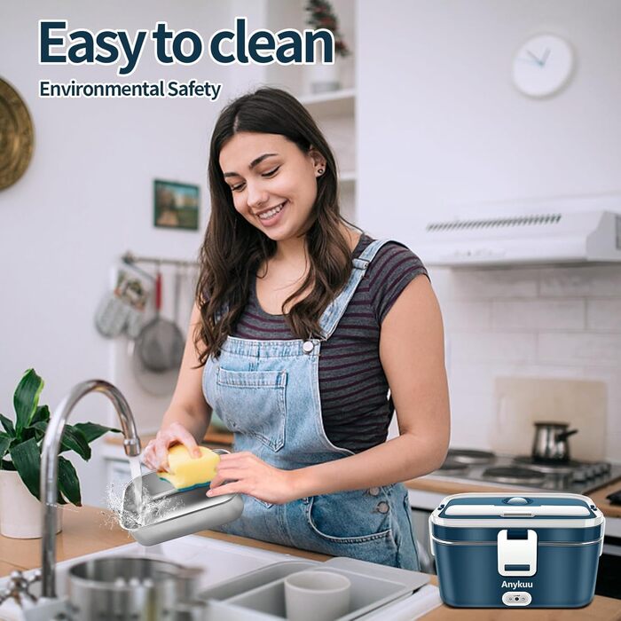 Електричний ланч-бокс 100 Вт 1,8 л 3-в-1 12 В/24 В/220 В з підігрівом, портативний для автомобіля/вантажівки/офісу/дому з виделкою та ложкою, синій