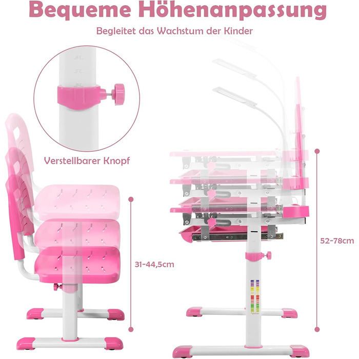 Набір дитячих столів COSTWAY з підставкою для книг та світлодіодним підсвічуванням, регульований по висоті дитячий стіл і стілець