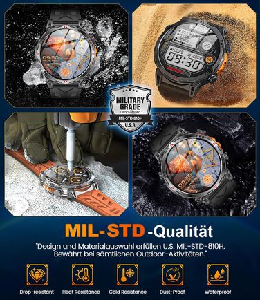 Військовий смарт-годинник для чоловіків, спортивний GPS-годинник з 1,6-дюймовим AMOLED HD-дисплеєм, функціями телефону/чату/GPT/AI/5 спортивних режимів GPS/100 спортивних режимів, фітнес-годинник для Android та iOS (чорний)