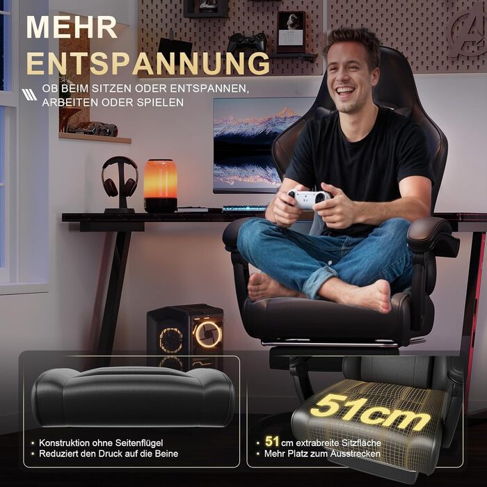 Геймерське крісло, офісне крісло з підставкою для ніг, ергономічне крісло з регульованою спинкою 90-135, вантажопідйомність 150 кг, чорний колір