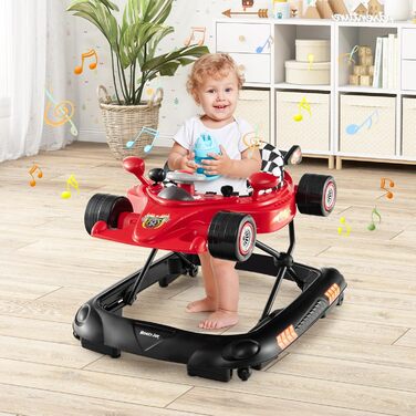 Складані дитячі ходунки, дизайн гоночного автомобіля, з 3 регульованими висотами, знімним музичним підносом та сидінням, допоміжний пристрій для ходьби для малюків 6-14 місяців (червоні)