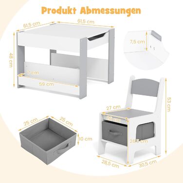 Дитячий стіл GOPLUS 4-в-1 з 2 стільцями, комплект дитячих сидінь з двосторонньою стільницею, боковими полицями та 2 тканинними коробками для зберігання, компактні дитячі меблі для малювання, читання та ігор (сірі) з полицею та коробками сірого кольору, 2.