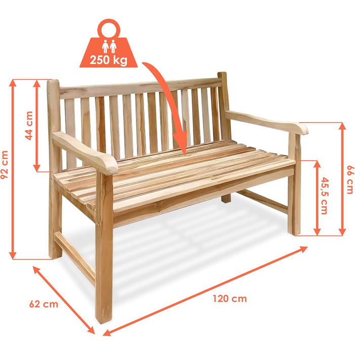 Садова лавка з тика Spetebo 2-місна з підлокітниками вантажопідйомність 250 кг - 120 см - дерев'яна лавка для 2 осіб - паркова лавка з масиву дерева дерев'яна лавка меблі для балкона, тераси, саду