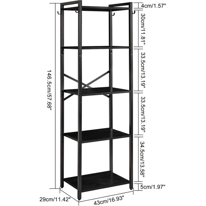 Книжкова полиця YMYNY, 5-рівнева полиця для зберігання, полиця для рослин, стійка для зберігання зі сталевим каркасом, для вітальні, офісу, кабінету, коридору, індустріальний стиль, чорна HBC005B 147 см чорного кольору