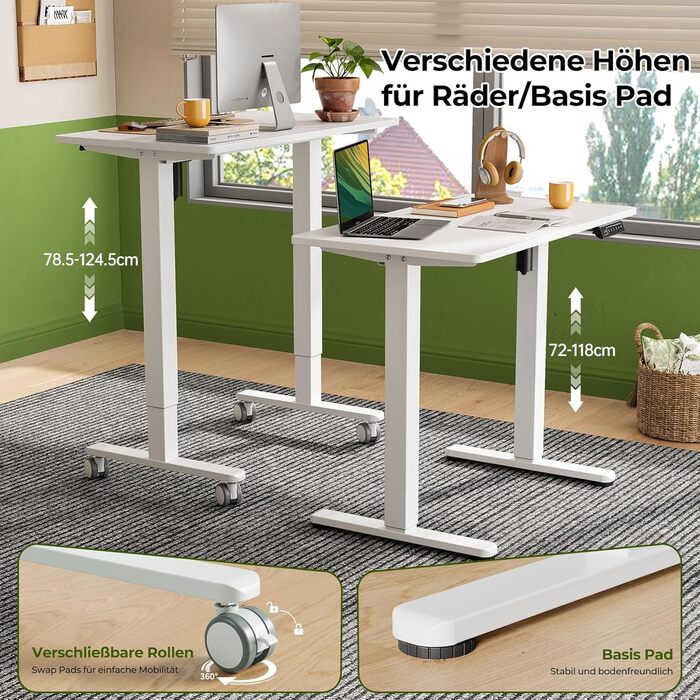 Стіл з регульованою висотою 88 x 50 см, цільна стільниця, електричний стіл з 4 колесами для роботи сидячи та стоячи, невеликий комп&39ютерний стіл для домашнього офісу, білий, ДСП, 88 x 50 см