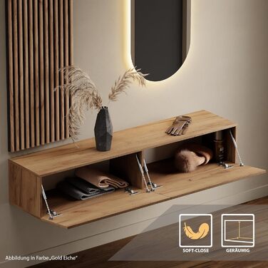 Вішалка для передпокою Planetmbel золотий дуб 160 см, настінна панель 50 см золотий дуб/антрацит з дзеркалом 50 см (без світлодіод