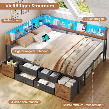 Ліжко 140x200 з місцем для зберігання речей, диван-ліжко з вбудованою книжковою полицею та 6 шухлядами, дитяче ліжко зі світлодіодним освітленням та зарядною станцією, гостьове ліжко, кушетка, каркас ліжка з рейковою основою (вінтажний коричневий, 140x200