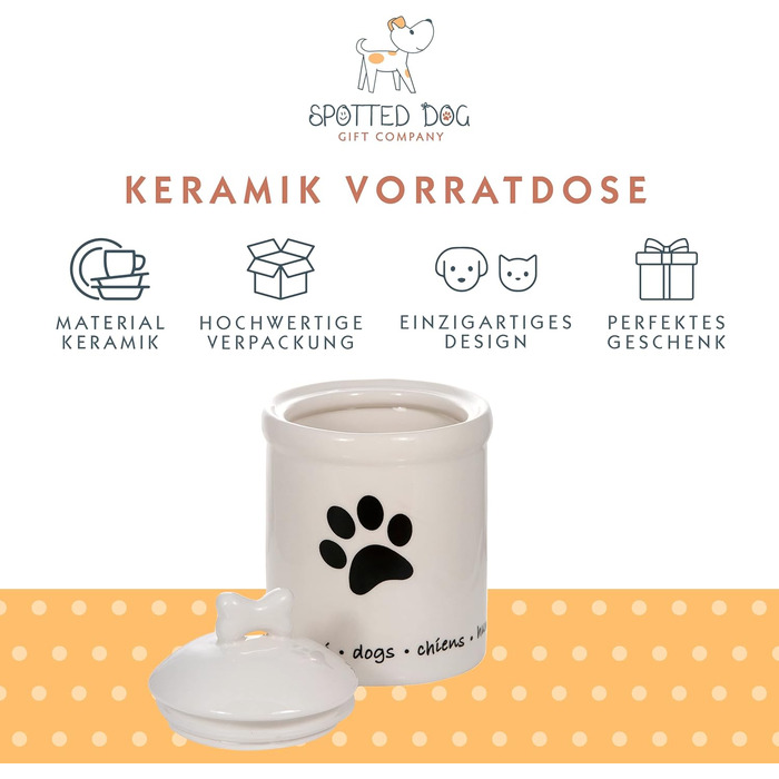 Керамічна банка для печива Spotted Dog Gift Company з герметичною кришкою - банка для ласощів для собак, універсальний контейнер для зберігання ласощів, печива, мотив відбитка лапи собаки, подарунок для власників собак, білий