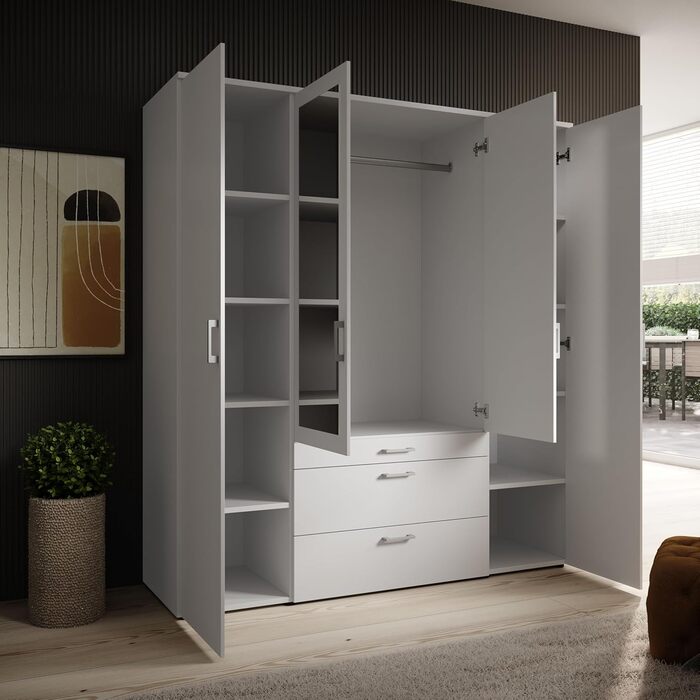 Шафа з дзеркальними дверима білого кольору - Універсальна 4-дверна шафа для вашої спальні - 180 x 195 x 56 см (Ш/В/Г) 4-дверна біла