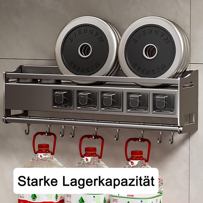 Настінна полиця для спецій, кухонна полиця для спецій з тримачем для кухонних рулонів, 4 банки та 6 гачків, полиця для спецій без свердління, кріплення на дверцята шафи, металевий тримач для спецій, настінна кухонна полиця, органайзер для спецій