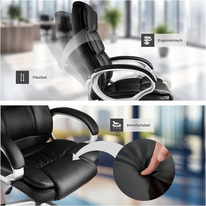 Крісло керівника tectake, офісне крісло з підкладкою 12 см, робоче крісло з підлокітниками та функцією гойдання, ергономічне офісне крісло, регульоване по висоті, ПК-крісло, обертове крісло з колесами, під шкіру - чорне