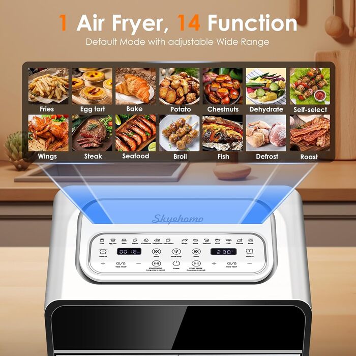 Двокамерна фритюрниця Skyehomo 2100 Вт, цифрова фритюрниця з подвійним кошиком із прозорим вікном, програми 14 в 1 і світлодіодний сенсорний екран, двокамерна фритюрниця без бісфенолу А майже без олії, резерв 24 години
