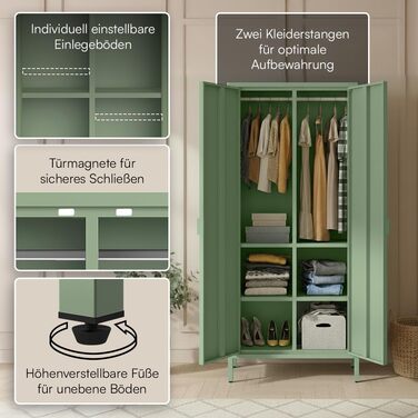 Металева шафа skølm Ituri, м&39ятно-зелена Шафа з 6 полицями та 2 рейками для одягу Шафа для передпокою, ширина 80 см Шафа для спальні в індустріальному стилі Сталева шафа для вітальні та офісу, м&39ятно-зелена, без шухляд