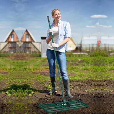 Грабля-рівнялка для газону з ергономічною ручкою 170 см, металеві граблі преміум-класу для догляду за газоном (91 см x 25 см), зелені