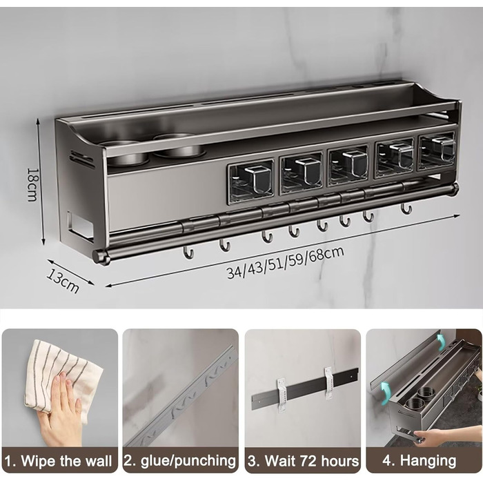 Настінна полиця для спецій, кухонна полиця для спецій з тримачем для кухонних рулонів, 4 банки та 6 гачків, полиця для спецій без свердління, кріплення на дверцята шафи, металевий тримач для спецій, настінна кухонна полиця, органайзер для спецій