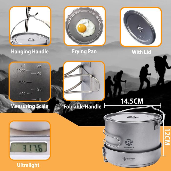 Набір кемпінгового посуду Bestargot Каструля зі сковородою,Відкритий посуд Горщик для пікніка,Надлегкий набір сковорідок для кемпі