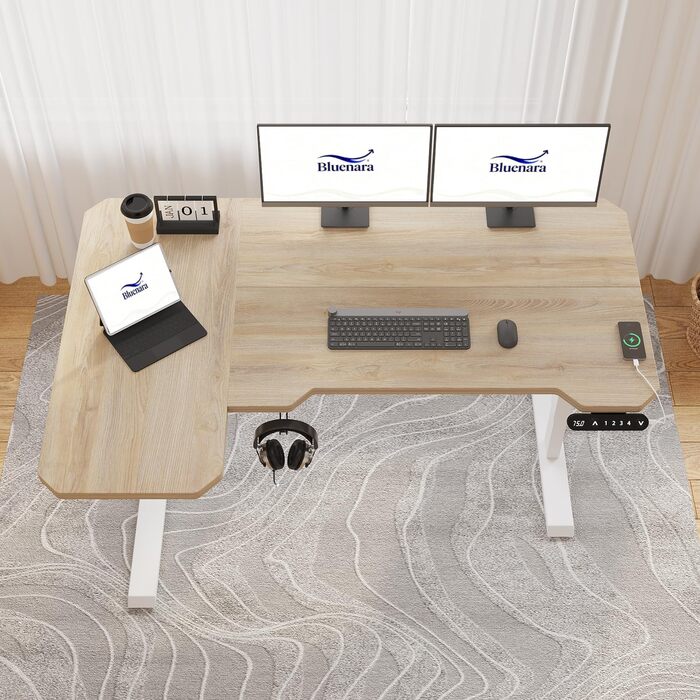 Електричне регулювання висоти письмового столу, L-подібний стіл 150 см для роботи сидячи та стоячи з 4 налаштуваннями пам&39яті, стільниця зі зрощеного світлого дуба, регульований по висоті стіл для домашнього офісу 150x78 світлий дуб