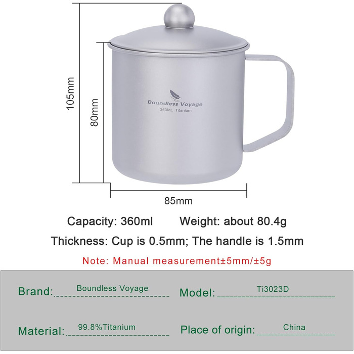 Мл титанова кемпінгова кружка з кришкою, легка дорожня чашка для кави та чаю, портативна, міцна, одношарова кружка для пиття для походів, походів з рюкзаком, пікніків, приготування їжі на свіжому повітрі Ti3023D, 360