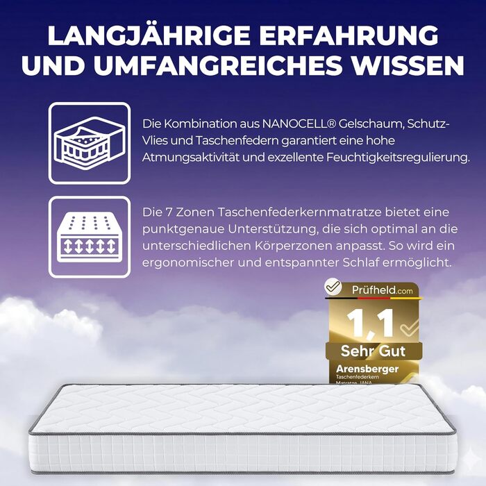 Матрац Arensberger JANA 120x200 см Матрац з пружинами кишенькової конструкції 20 см з 2 см гелевої піни NANOCELL 7-зонний рівень жорсткості H3 Матрац з точково-еластичними пружинами, що згортається Сертифіковано Oeko-Tex 120 x 200 см ACTIVE