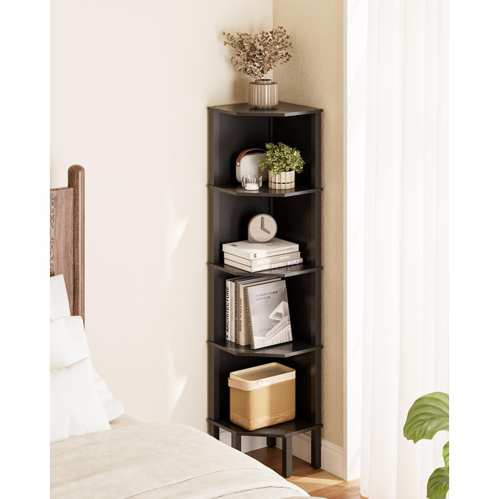 Кутова полиця, кутова книжкова полиця з 5 полицями, полиця для рослин, полиця для зберігання речей у вітальні, офісі, спальні, 127x29x29 см, чорна