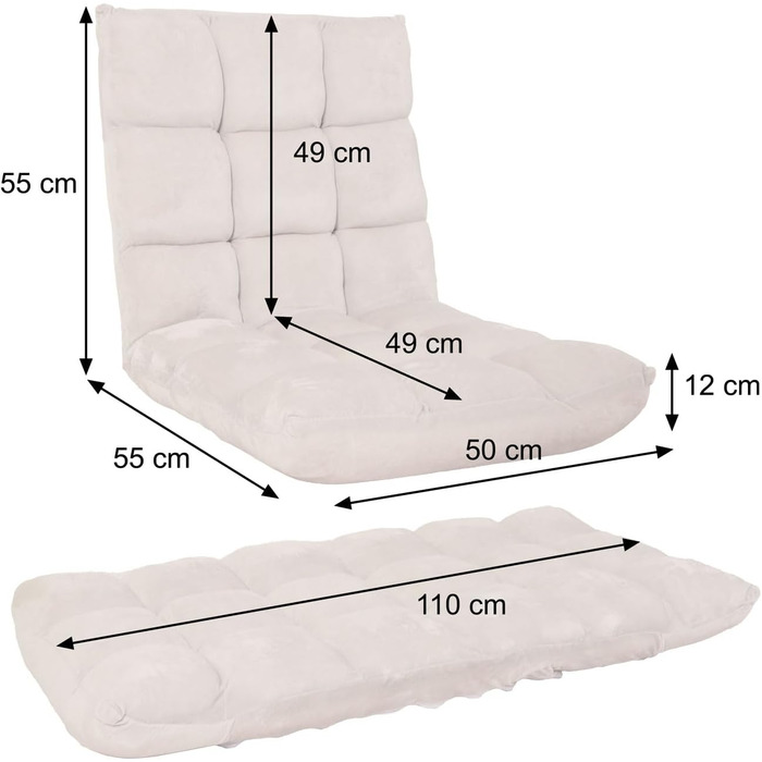 Крісло Mendler HWC-N43, Крісло-реклама з подушкою для підлоги, Складане крісло з 6 положеннями відкидання, Міцний каркас, Оксамит - Кремово-сірий