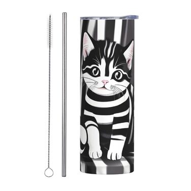 Кухоль з прямою трубочкою, 590 мл, чорно-білий смугастий принт кошенят, дорожній кухоль, підходить для кемпінгу, офісу та дому
