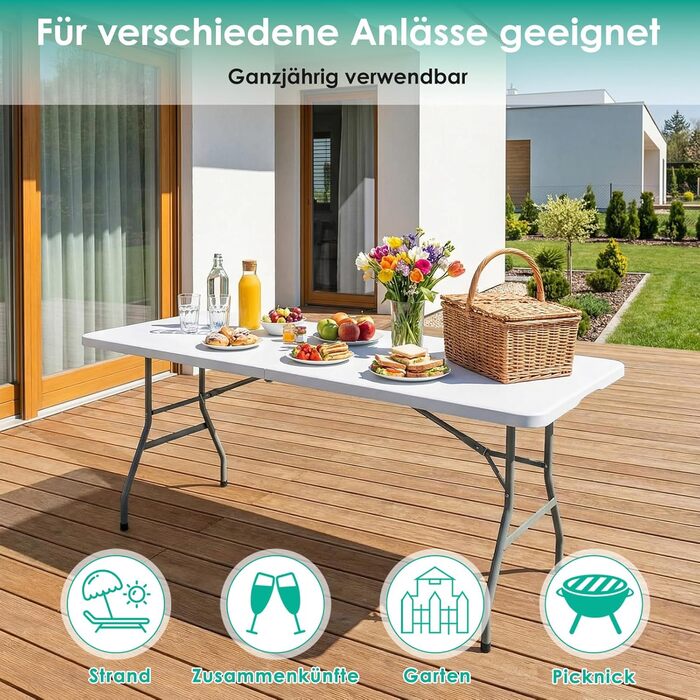 Складаний фуршетний стіл LIFERUN, водонепроникний, 180x75 см, садовий стіл зі стільницею з HDPE, складний пластиковий стіл з ручкою для перенесення, кемпінговий стіл для 10 осіб, вага до 150 кг, святковий стіл для саду, тераси, балкону, білий