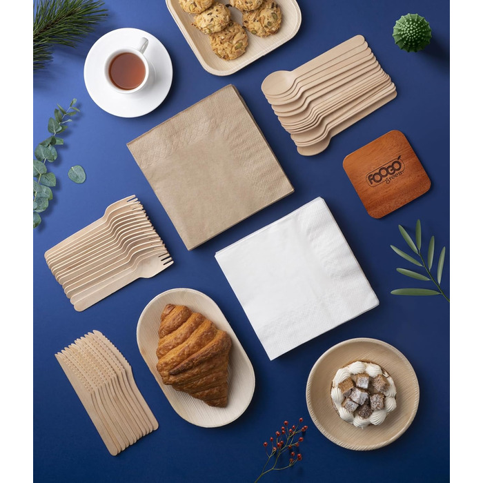 Набір одноразових дерев&39яних столових приборів FOOGO Green з 250 предметів та білих серветок, 50 виделок, 50 ножів, 50 ложок, 100 коричневих серветок, двошарові міцні паперові серветки, екологічно чистий набір столових приборів
