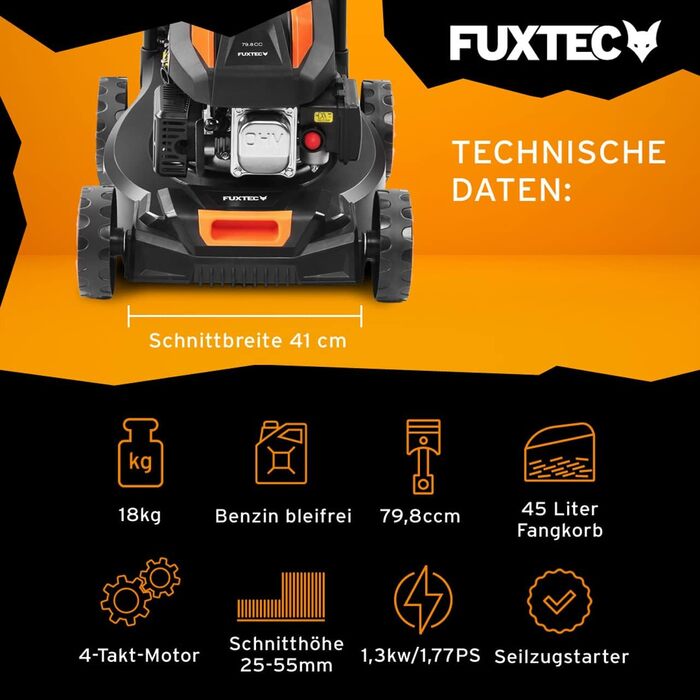 Бензинова газонокосарка FUXTEC FX-RM4180, садова косарка для невеликих ділянок, 4-тактна косарка 80 куб.см, вузька ширина зрізу 40 см, травозбірник 45 л, міцна конструкція та легка вага