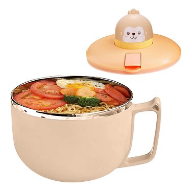 Миска для рамену з кришкою, велика миска для локшини швидкого приготування об&39ємом 1200 мл з таймером, миска для швидкого приготування з нержавіючої сталі 304 для локшини, бенто, обіду (Monkey)