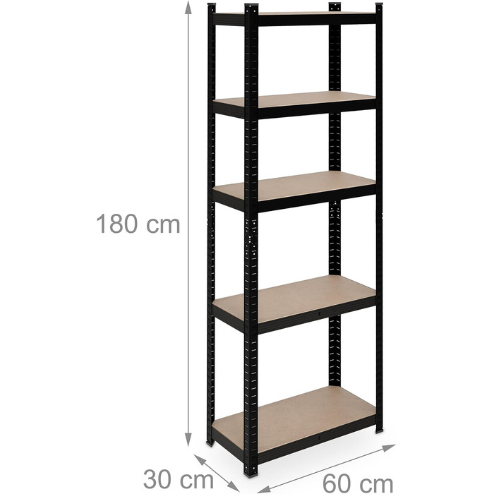 Надміцний стелаж Relaxdays, 5 ярусів, сталь, вставний, чорний Стелажі для зберігання в підвалі, гаражі, ВxШxГ 180x60x30 см, 500 кг