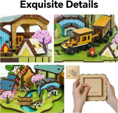 Музична скринька Tonecheer Дерев'яний 3D-пазл, набір моделей для сім'ї котів своїми руками для дорослих, обертова музична шкатулка, дерев'яні пазли Подарунки для прикраси будинку Подарунок на день народження Різдвяний підліток (співає на лузі)