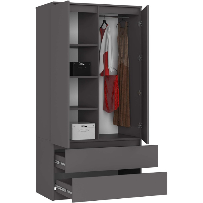 Шафа AKORD з двома дверима S 90 см, 2 шухляди з полицями та однією рейкою для одягу, для шаф з однією спальнею, мінімалістичний стиль, ламінат 16 мм графітово-сірий колір, графітово-сірий 90 см x 180 см x 51 см
