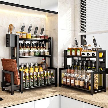 Стелаж для спецій Devesanter, 3 яруси, кухонна стійка для банок для спецій великої місткості, металевий органайзер для стільниці з тримачем для посуду, тримач для обробної дошки, з 6 гачками, чорний