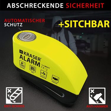 Протиугінний замок для мотоцикла з сигналізацією 110 дБ, посилений, 3 ключі (2 запасні). Високонадійний замок для мотоцикла та велосипеда, водонепроникний, з тросом нагадування 1.5 м, чохол. Універсальний замок, жовто-чорний., 6Y