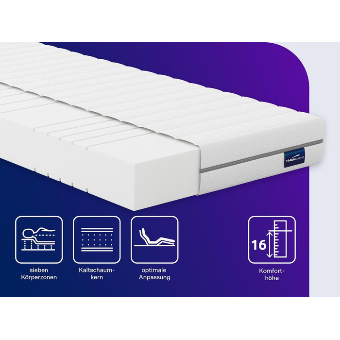 Ортопедичний матрац Traumnacht з 7-зонної холодної піни, рівень жорсткості 3 (H3 - жорсткий), сертифікований Oeko-Tex, 140 x 200 см, висота 16 см, виготовлений відповідно до німецьких стандартів якості 140 x 200 см, рівень жорсткості H3 - середньо-жорстки