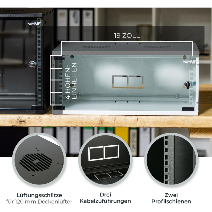 Мережева шафа HMF 65704-02, серверна шафа 19 дюймів 4U Глибина 400 мм скляні двері чорний 4U чорний