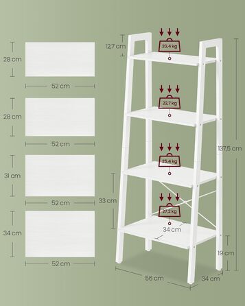 Полиця, 4-ярусна книжкова шафа, драбина, окремостояча полиця, для вітальні, спальні, кухні, домашнього офісу, сучасний дизайн, сталевий каркас, перлинно-білий кленовий білий LLS044W44 56 x 137,5 см білий