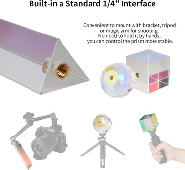 Частини призми для фотографічного покриття мембранного кристала з різьбовим отвором 1/4', професійна оптична кришталева скляна призма, створює ефект легкої веселки для фотографів студійної фотозйомки, 3