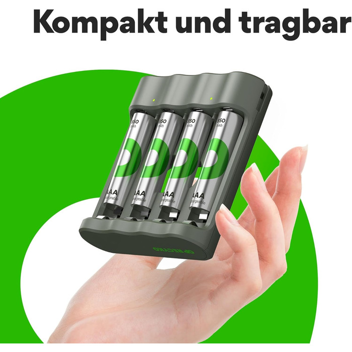 Зарядний пристрій GP ReCyko USB AA AAA, включаючи 4 акумуляторні батарейки AAA 850 мАг, NiMH 1.2V, зарядний пристрій з акумуляторними батарейками AAA