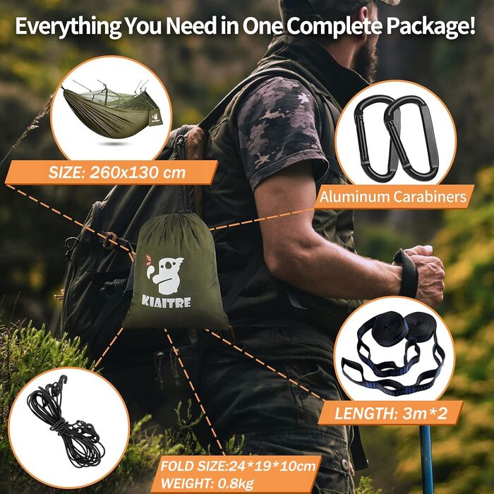 Гамак для вулиці з москітною сіткою - 260 x 130 см Легкий нейлон для походів, кемпінгу, піших прогулянок та пляжних пригод - вантажопідйомність 200 кг Зелений