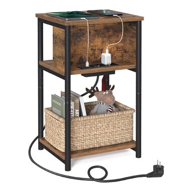 Приставний столик VASAGLE, тумбочка з розеткою, вузька, 2 розетки змінного струму, 2 порти USB, 30 x 34 x 58 см, для вітальні, спальні, вінтажний коричнево-чорний LET375B01 Рустикальний коричневий чорний