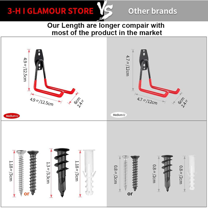 Настінний гачок Гараж, гачок для обладнання, подвійний гачок 10 шт. , настінний гачок важкий для драбини, інструменти, шланг, електроінструменти - червоний червоний 10 шт., 3-H