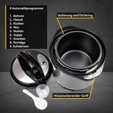 Електрична скороварка TZS First Austria 6л Мультиварка 9 програм скороварки Рисоварка Функція збереження тепла, відпарювач з нержавіючої сталі/чорного кольору