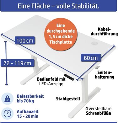 Стіл FlexxPro з регульованою висотою 3 розміри та 2 кольори Безперервна робоча поверхня Включно зі світлодіодною панеллю керування та системою керування кабелями Електричне регулювання та ергономічний 100x60 см, білий