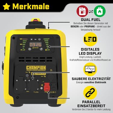 Електрогенератор Champion Power Equipment бензин газ (2000 Вт, інвертор, генератор зі світлодіодним дисплеєм, подвійне паливо, над