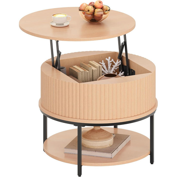 Журнальний столик з регульованою висотою, круглий журнальний столик з ребристим дизайном та прихованим місцем для зберігання, приставні столики для дивана Centro для вітальні, підйомна поверхня з дуба